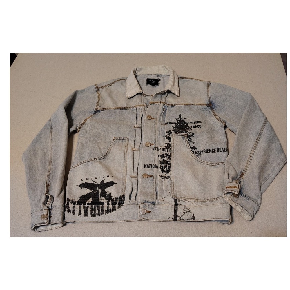 Forever 21 Men Acid Wash Graphic Destressed Denim Jacket Blue Size Medium 8